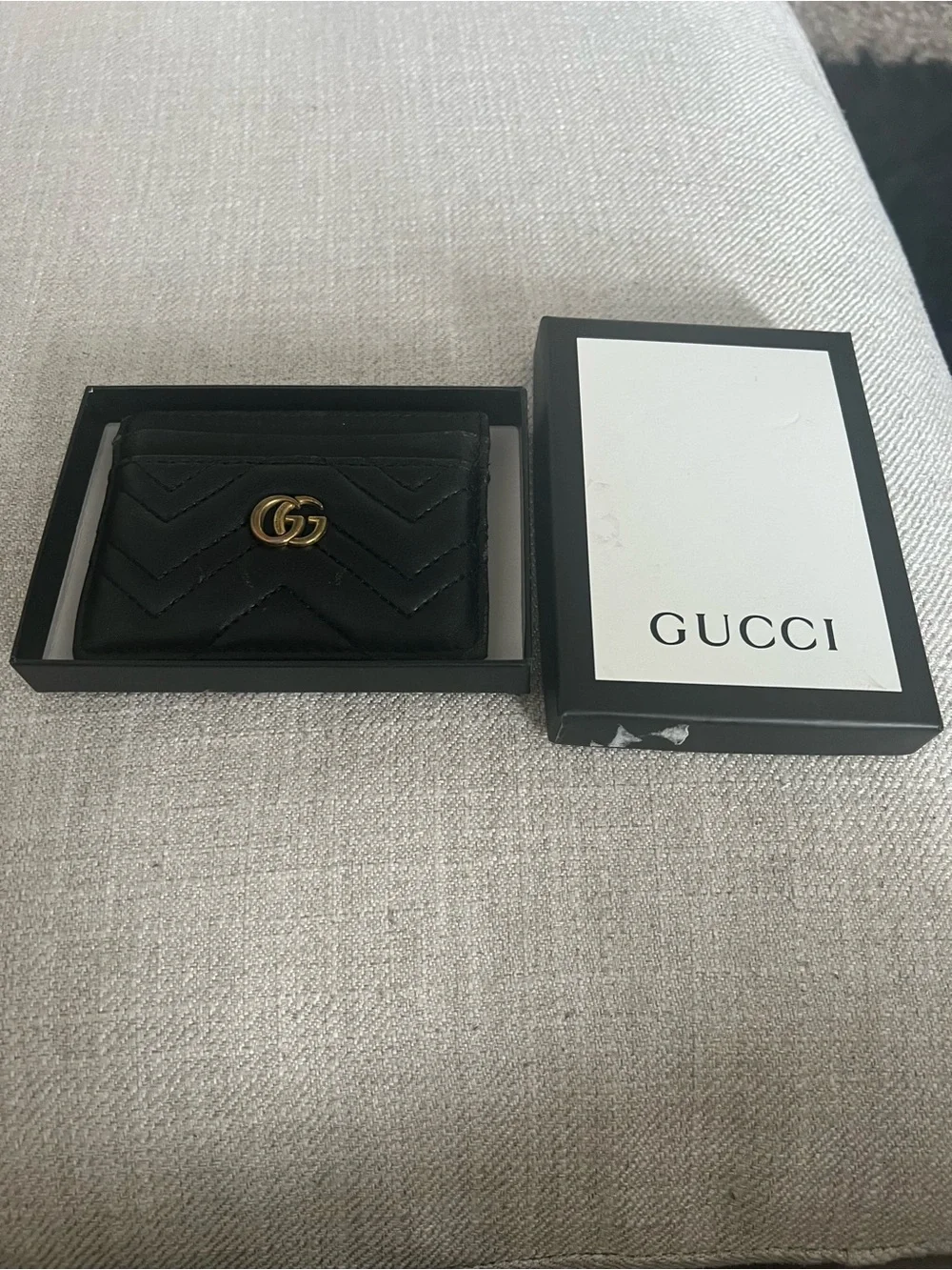 GG Black Quilted GG Marmont Card Holder with Gold Hardware